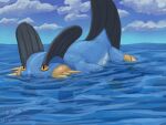 2025 amphibian belly blue_body blue_fin cloud digital_media_(artwork) digital_painting_(artwork) feral fin generation_3_pokemon gills hi_res male nintendo pokegontc pokemon pokemon_(species) sky solo swampert swimming tail tail_fin water white_belly