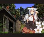  animal_ears axe bad_id bad_pixiv_id cliff fang flower forest hat inubashiri_momiji japanese_clothes nature nejime short_hair silver_hair solo tail tokin_hat touhou towel tree wolf_ears wolf_tail 