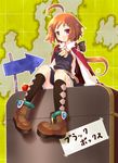  ahoge apple argyle argyle_legwear bad_id bad_pixiv_id belt boots brown_hair cape cepoli_elretoi directional_arrow food fruit kneehighs komone_ushio long_hair map original pink_eyes sign sitting socks solo 