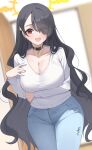 1girl absurdres alternate_costume arm_under_breasts black_hair blue_archive breasts choker cleavage commentary_request denim earrings eyes_visible_through_hair halo highres hinata_(blue_archive) jeans jewelry kurochomo large_breasts long_hair open_mouth pants red_eyes shirt single_earring smile twitter_username v-neck very_long_hair white_shirt yellow_halo 