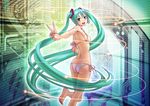  armpits ass barefoot bikini feet fingernails flat_chest green_eyes green_hair green_nails hands hatsune_miku legs long_hair looking_back nail_polish side-tie_bikini soles solo swimsuit toes twintails v very_long_hair vocaloid wokada 