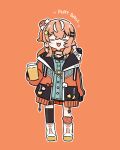  1girl :d =_= alcohol animal asymmetrical_legwear ball baseball_(object) baseball_cap beer black_hat black_socks blue_dress blush_stickers boots bow brown_background brown_hair brown_jacket brown_socks chibi closed_eyes commentary cross-laced_footwear cup dress drinking_glass english_text facing_viewer fang foam full_body hair_bow hair_bun hair_ornament hairclip hat highres holding holding_cup igarashi_rika igarashi_rika_(1st_costume) jacket lace-up_boots long_hair long_sleeves mismatched_legwear multicolored_hair nijisanji nozo_(hitomiz) one_side_up open_clothes open_jacket plaid_clothes plaid_socks puffy_long_sleeves puffy_sleeves seal_(animal) simple_background single_side_bun sleeveless sleeveless_dress sleeves_past_fingers sleeves_past_wrists smile socks solo standing star_(symbol) star_hair_ornament streaked_hair virtual_youtuber white_bow white_footwear white_hair 