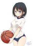  ball basketball black_hair blue_buruma blush breasts buruma commentary_request gym_uniform highres holding looking_at_viewer medium_breasts original purple_eyes ragho_no_erika shirt short_hair short_sleeves shorts simple_background solo sportswear white_background 