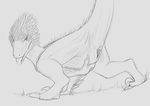  2017 alysara aroused black_and_white claws crotch_grab digital_drawing_(artwork) digital_media_(artwork) dinosaur feathered_dinosaur feathers female feral grope monochrome open_mouth pussy_juice raised_tail raptor saliva side_view simple_background sketch solo theropod tongue tongue_out vertical_cloaca white_background yaroul 