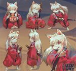  anthro barefoot canine clothed clothing demon digitigrade dog eating food fur hair inuyasha male mammal melee_weapon multiple_images open_mouth pawpads simple_background sitting smile standing sword teeth uzucake weapon white_fur young 