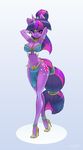  2017 anthro anthrofied armpits bedroom_eyes big_breasts bra breasts clothed clothing cutie_mark equine female footwear friendship_is_magic hair half-closed_eyes hands_behind_head high_heels horn loincloth long_hair looking_at_viewer mammal multicolored_hair my_little_pony navel oughta_(artist) purple_eyes seductive shoes simple_background smile solo standing twilight_sparkle_(mlp) underwear unicorn 