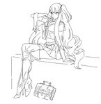  adjusting_hair aircraft_carrier_hime alternate_costume arm_support bag boots cosmic_bear crossed_legs eyelashes greyscale gyaru hair_flowing_over high_heel_boots high_heels kantai_collection kogal long_hair looking_to_the_side midriff monochrome navel school_bag school_uniform shinkaisei-kan side_ponytail sidelocks simple_background sitting sketch solo thigh_boots thighhighs very_long_hair white_background zettai_ryouiki 