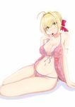  ahoge babydoll blonde_hair blush breasts cleavage fate/extra fate_(series) finger_to_mouth green_eyes hair_ribbon lingerie looking medium_breasts navel nero_claudius_(fate) nero_claudius_(fate)_(all) panties pink_babydoll pink_panties ribbon side-tie_panties simple_background sitting smile solo souryu_1231 underwear white_background 
