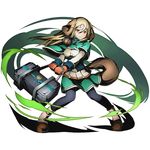  althea_(divine_gate) animal_ears black_legwear blonde_hair capelet divine_gate dog_ears dog_tail floating_hair full_body gloves green_skirt hair_between_eyes holding long_hair official_art orange_eyes orange_gloves pantyhose shadow skirt smile solo standing tail transparent_background ucmm 