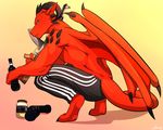  alcohol angiewolf anthro barefoot beverage clothed clothing crouching curved_horn digitigrade dragon gradient_background gun holding_object holding_weapon horn kalzadacrew male membranous_wings ranged_weapon russian simple_background slav solo topless vodka weapon wings 