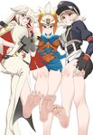  3girls barefoot blush breasts character_request feet grin guilty_gear_xrd hand_on_hip hands_on_hips hat jack-o_(guilty_gear) large_breasts leg_lift long_hair looking_at_viewer multiple_girls purple_eyes red_eyes silver_hair soles toes 