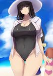  ass_visible_through_thighs bags_under_eyes beach black_hair black_swimsuit breasts brown_eyes casual_one-piece_swimsuit covered_navel cowboy_shot day frilled_swimsuit frills girls_und_panzer hat highres hood hoodie jacket large_breasts long_hair looking_at_viewer low-tied_long_hair mature mother_and_daughter multiple_girls nishizumi_maho nishizumi_miho nishizumi_shiho one-piece_swimsuit siblings sisters solo_focus standing sun_hat swimsuit white_hat white_jacket wide_hips yuzumiya_mono 