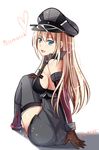  bad_id bad_pixiv_id bismarck_(kantai_collection) blonde_hair blue_eyes detached_sleeves hat highres kantai_collection long_hair looking_back military military_uniform omoomomo peaked_cap sitting solo thighhighs uniform 