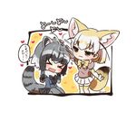  &gt;_&lt; :3 :d animal_ears blonde_hair blush bow bowtie cleiooo closed_eyes commentary_request common_raccoon_(kemono_friends) fennec_(kemono_friends) fox_ears fox_tail full_body gloves gradient_hair grey_hair half-closed_eyes happy heart kemono_friends multicolored_hair multiple_girls open_mouth petting protected_link puffy_short_sleeves puffy_sleeves raccoon_ears raccoon_tail seiza shirt short_hair short_sleeves sitting skirt smile speech_bubble tail translated twitter_username two_side_up wavy_mouth white_background xd 