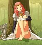  1girl barefoot boots chain_chronicle drill_hair feet forest grin highres juliana_(chain_chronicle) long_hair looking_at_viewer princess red_eyes red_hair shoes_removed sitting soles tiara toes tree 