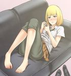  1girl barefoot blonde_hair blush bob_cut brown_eyes couch feet loafers lying midorikawa_hana phone prison_school shoes_removed toes 