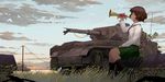  absurdres akiyama_yukari bad_id bad_pixiv_id bird blurry broken brown_hair bugle caterpillar_tracks closed_eyes cloud commentary day depth_of_field dusk girls_und_panzer grass ground_vehicle highres instrument military military_vehicle motor_vehicle music ooarai_school_uniform overgrown panzerkampfwagen_iv plant playing_instrument power_lines profile school_uniform short_hair sitting sketch sky solo tank telephone_pole tire tomiya_(tomiya2117) vines 