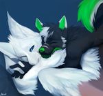 5_fingers angiewolf anthro blue_eyes canine dog dragon duo eyes_closed fur green_nose hug male mammal smile white_fur 
