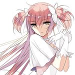  bow brown_eyes eyebrows_visible_through_hair floating_hair from_side gloves hair_between_eyes hair_bow highres kaname_madoka long_hair looking_at_viewer mahou_shoujo_madoka_magica misteor parted_lips pink_hair simple_background solo ultimate_madoka upper_body very_long_hair white_background white_bow white_gloves 