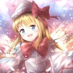  :d blonde_hair blue_eyes blush bow bowtie capelet hair_bow hat large_bow lily_white long_hair long_sleeves looking_at_viewer minust open_mouth smile solo touhou wide_sleeves 