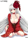 animal_ears bangs blunt_bangs blush breasts choker cleavage collarbone commentary_request dungeon_and_fighter ear_piercing floral_print flower full_body hair_flower hair_ornament japanese_clothes kimono knight_(dungeon_and_fighter) large_breasts long_hair long_sleeves looking_at_viewer obi off_shoulder parted_lips piercing red_choker red_eyes red_flower red_rose rose sash shaojiang sidelocks silver_hair sitting smile solo v_arms very_long_hair wide_sleeves 