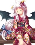  absurdres ahoge bad_id bad_pixiv_id bangs bat_wings bench blush bow c: closed_eyes closed_mouth commentary_request dragon_poker eyebrows_visible_through_hair facing_viewer floral_print furisode hair_flaps highres horn_bow horns japanese_clothes kimono long_hair long_sleeves low-tied_long_hair low_ponytail minatsuki_kou obi parted_bangs pointy_ears print_bow print_kimono red_bow red_kimono sash shiny shiny_skin sidelocks simple_background sitting smile solo spread_wings very_long_hair white_background white_hair wide_sleeves wings 