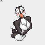  2017 anthro avian beak bird black_feathers breasts brown_eyes covering crossed_arms english_text feathers female hotbento nude orange_eyes pearl_(boolean) puffin simple_background smile solo text tuft white_background white_feathers 