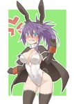  animal_ears black_gloves black_legwear blue_eyes blush breasts bunny_ears bunny_girl bunny_tail bunnysuit cape cleavage clenched_teeth collar cosplay covered_navel cowboy_shot fake_animal_ears fate/grand_order fate_(series) gloves hair_between_eyes hairband imura_(shiro_maru) leotard long_hair looking_at_viewer mary_read_(fate/grand_order) mary_read_(fate/grand_order)_(cosplay) medium_breasts nose_blush original ponytail purple_hair shiro_maru solo sweatdrop tail teeth thighhighs white_leotard wrist_cuffs 