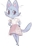  2017 anthro barefoot blue_fur cartoon_network cat clothing digital_media_(artwork) feline fur hands_on_hips joyouscatus looking_at_viewer mammal nicole_watterson pin_button pose shirt simple_background skirt smile solo standing the_amazing_world_of_gumball whiskers 
