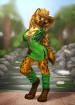  2017 anthro barefoot black_nose blurred_background breasts clothed clothing digitigrade female green_eyes hyena mammal mykegreywolf smile solo standing wide_hips 