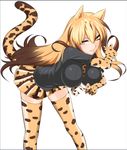  adon_(adtech) blonde_hair brown_hair cheetah_ears cheetah_tail commentary_request highres kemono_friends king_cheetah_(kemono_friends) long_hair multicolored_hair necktie simple_background solo thighhighs two-tone_hair white_background yellow_eyes 