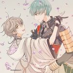  aqua_hair arm_around_shoulder armor black_gloves chain flower gloves hood hood_basket hood_down ichigo_hitofuri japanese_armor japanese_clothes male_focus multiple_boys necktie nizakiaro open_mouth partly_fingerless_gloves shoulder_armor smile sode touken_ranbu tsurumaru_kuninaga v white_gloves white_hair yellow_eyes 