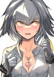  blush breasts cleavage collarbone eyebrows_visible_through_hair fixro2n gloves grey_gloves grey_hair grey_shirt hair_between_eyes hands_up hetero kemono_friends large_breasts looking_away paizuri paizuri_under_clothes parted_lips penis shirt shoebill_(kemono_friends) short_hair simple_background solo_focus sweatdrop uncensored upper_body white_background yellow_eyes 