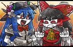  /\/\/\ 2girls :d al_bhed_eyes ascot bangs black_hair black_hat blouse blue_hair blunt_bangs blush_stickers bow bowtie broken clenched_teeth commentary_request crossed_bandaids detached_sleeves eyebrows_visible_through_hair food fruit gohei hair_between_eyes hair_bow hair_tubes hakurei_reimu hat hat_leaf hinanawi_tenshi laughing letterboxed long_hair multiple_girls open_mouth orange_background peach puffy_short_sleeves puffy_sleeves red_bow red_eyes red_neckwear short_sleeves smile suenari_(peace) tearing_up teeth touhou v-shaped_eyebrows white_blouse white_skin wide_sleeves yellow_neckwear 