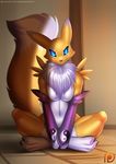  2017 3_toes anthro armwear black_nose blue_eyes breasts bridal_gauntlets clothing crossed_legs digimon dipstick_tail doomthewolf featureless_breasts female hi_res looking_at_viewer markings multicolored_tail navel neck_tuft patreon renamon sitting solo toes tuft 