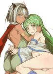  armlet asatsuki_(cookie) ass back bare_shoulders black_hairband blue_eyes blush cookie_(touhou) detached_sleeves facepaint feathers frog_hair_ornament green_eyes green_hair hair_ornament hair_tubes hairband head_feathers jewelry kochiya_sanae konpaku_youmu long_hair long_sleeves multiple_girls necklace no_pants panties paseri_(cookie) revision seiza short_hair silver_hair sitting solidstatesurvivor tan touhou underwear 