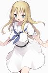  :d bangs blonde_hair blue_eyes blue_neckwear breasts dress eyebrows_visible_through_hair grey_background highres itsumi_(itumiyuo) large_breasts long_hair neckerchief oohoshi_awai open_mouth sailor_dress saki shiraitodai_school_uniform simple_background smile solo 