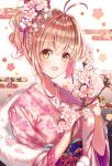  1girl :d alternate_hairstyle antenna_hair bangs blonde_hair blush bow branch card_captor_sakura cherry_blossoms commentary_request floral_print flower fur hair_bow hair_flower hair_ornament hair_ribbon holding japanese_clothes kimono kinomoto_sakura lium long_sleeves obi open_mouth pink_kimono pom_pom_(clothes) ponytail ribbon sash shawl sidelocks smile solo upper_body wide_sleeves yellow_eyes 