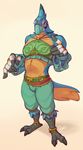 anthro avian beak bird blue_feathers breath_of_the_wild buxbi clothed clothing crossdressing feathers kass_(zelda) male nintendo rito solo tail_feathers talons the_legend_of_zelda veil video_games yellow_eyes 