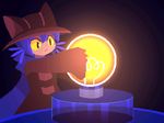  2017 animal_humanoid anthro blue_hair blue_scarf brown_hat brown_jacket cat_humanoid clothing digital_media_(artwork) feline glowing hair hat humanoid jacket lightbulb low_res mammal niko_(oneshot) oneshot scarf simple_background solo solo_focus standing unknown_artist video_games whiskers yellow_sclera 