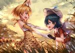  animal_ears backpack bag bangs bare_shoulders black_eyes black_gloves black_hair blonde_hair bow bowtie cloud cloudy_sky collarbone commentary dusk elbow_gloves extra_ears eye_contact gloves grass hat hat_feather helmet high-waist_skirt holding_hands kaban_(kemono_friends) kemono_friends ks lens_flare looking_at_another multiple_girls nature no_legwear open_mouth outdoors outstretched_arms outstretched_hand pith_helmet profile red_shirt serval_(kemono_friends) serval_ears serval_print serval_tail shirt short_hair short_sleeves shorts skirt sky smile tail thighhighs white_hat white_shorts wind yellow_eyes 