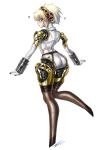  1girl ? aegis_(persona) android ass blonde_hair blue_eyes blush from_behind garter_belt hairband jlm looking_back parted_lips persona persona_3 robot robot_girl shin_megami_tensei shiny shiny_hair short_hair solo thighhighs 