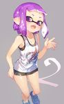  armpits bangs bare_legs bare_shoulders bike_shorts blunt_bangs blush breasts collarbone domino_mask fang full_body grey_background hand_on_hip highres inkling legs looking_at_viewer mask number open_mouth pointy_ears purple_eyes purple_hair shoes short_eyebrows simple_background small_breasts smile sneakers solo splatoon_(series) splatoon_2 sprbouuz standing tank_top tentacle_hair waving 