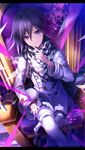  black_scarf chair checkered checkered_scarf closed_mouth copyright_name danganronpa dutch_angle finger_to_cheek hair_between_eyes hat hat_removed headwear_removed holding holding_hat index_finger_raised letterboxed looking_at_viewer male_focus new_danganronpa_v3 ouma_kokichi peaked_cap purple_eyes purple_hair scarf sitting smile straitjacket throne white_scarf yunohito 