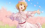  :d alternate_hair_length alternate_hairstyle blonde_hair blue_sky capelet cherry_blossoms commentary_request day dress frilled_dress frilled_hat frills hat head_tilt lily_white looking_up meimaru_inuchiyo open_mouth outstretched_arms petals red_sash sash short_hair sky smile solo spread_arms spring_(season) touhou upper_body white_dress white_hat wide_sleeves yellow_eyes 