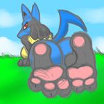  2014 3_toes anthro barefoot big_butt blue_body blue_fur breasts butt cloud feet female field foot_fetish foot_focus fur grass looking_at_viewer lucario nintendo pawpads paws pink_pawpads pok&eacute;mon red_eyes sketch sky soles solo toe_pads toes video_games zp92 