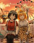  :d ^_^ amusement_park animal_ears bench black_gloves black_hair blonde_hair blush boku_no_friend bow bowtie closed_eyes collarbone commentary elbow_gloves ferris_wheel gloves hat hat_feather hat_removed headwear_removed holding_hands interlocked_fingers kaban_(kemono_friends) kemono_friends lyrics multiple_girls open_mouth pantyhose roller_coaster serval_(kemono_friends) serval_ears serval_print short_hair sitting smile somechime_(sometime1209) sunset translated twitter_username |d 