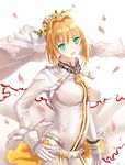  :d blonde_hair blush breasts bridal_veil chain dated fate/extra fate/extra_ccc fate_(series) flower gloves green_eyes hair_flower hair_ornament highres jin_feng large_breasts lock nero_claudius_(bride)_(fate) nero_claudius_(fate)_(all) open_mouth padlock petals smile solo strap veil white_background white_gloves zipper 