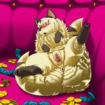  2017 anus blush clitoris coin condom demon feline female feral fur half-closed_eyes kirara kitsune_youkai looking_at_viewer mammal nekomata open_mouth pussy red_eyes solo spread_legs spreading tongue 