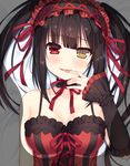  armpits bare_shoulders black_hair blush breast_mousepad breasts choker cleavage clock_eyes corset date_a_live finger_to_mouth gothic_lolita heterochromia ikataruto lolita_fashion long_hair medium_breasts mousepad red_eyes smile solo symbol-shaped_pupils tokisaki_kurumi twintails upper_body wide_sleeves yellow_eyes 